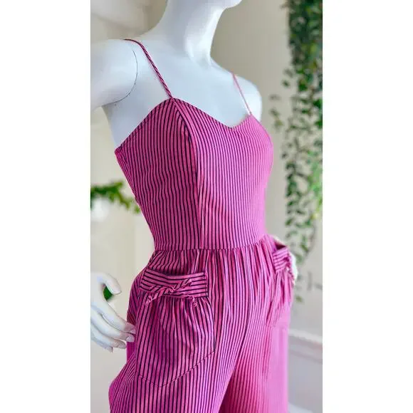 Vintage 1970s Jumpsuit 70s Pink Pinstriped Striped Cotton Sweetheart Preppy